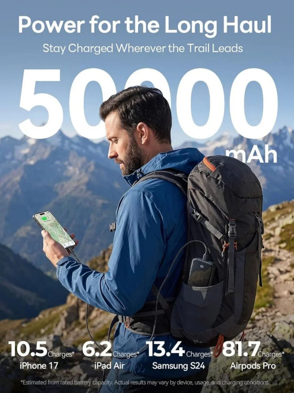 High-Capacity 50000mAh Portable Power Bank with 4 Built-in Cables & Fast